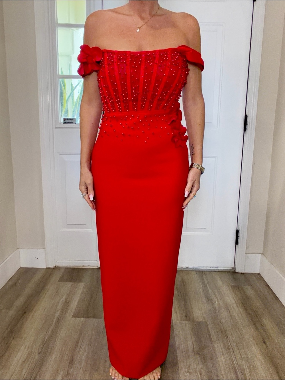 Strapless Red Evening Gown with Floral Accents